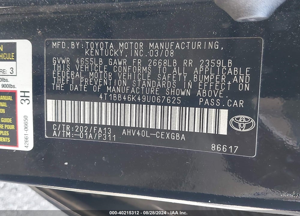2009 TOYOTA CAMRY HYBRID VIN: 4T1BB46K49U067625