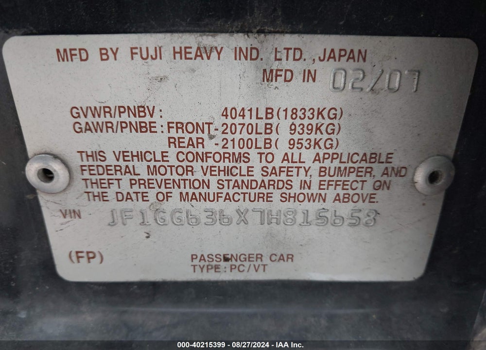2007 SUBARU IMPREZA OUTBACK SPORT VIN: JF1GG636X7H815658