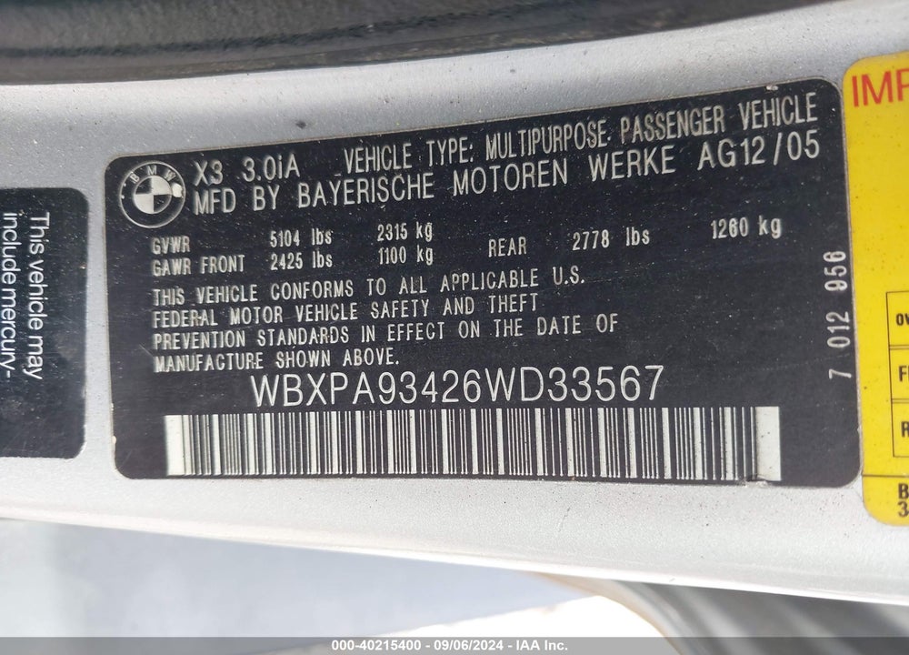 2006 BMW X3 3.0I VIN: WBXPA93426WD33567