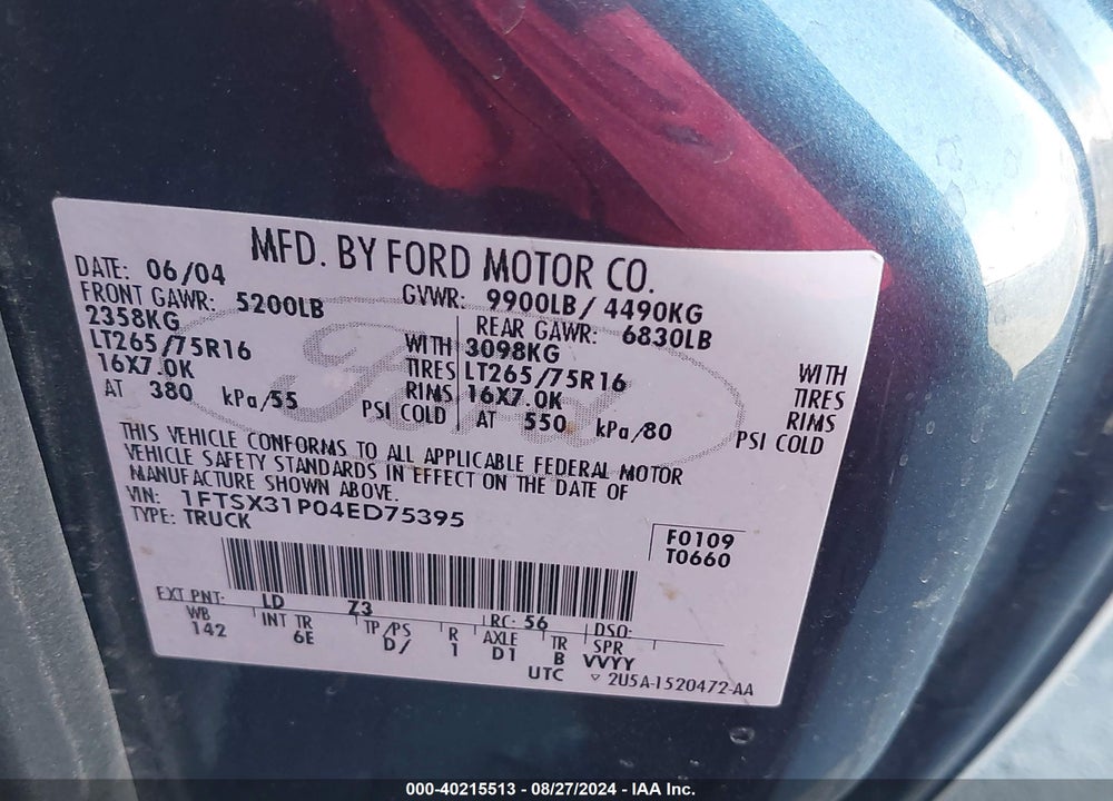 2004 FORD F-350 LARIAT/XL/XLT VIN: 1FTSX31P04ED75395