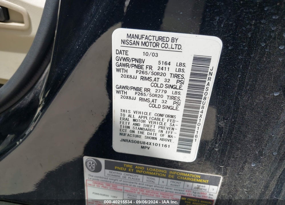 2004 INFINITI FX35 VIN: JNRAS08U84X101161