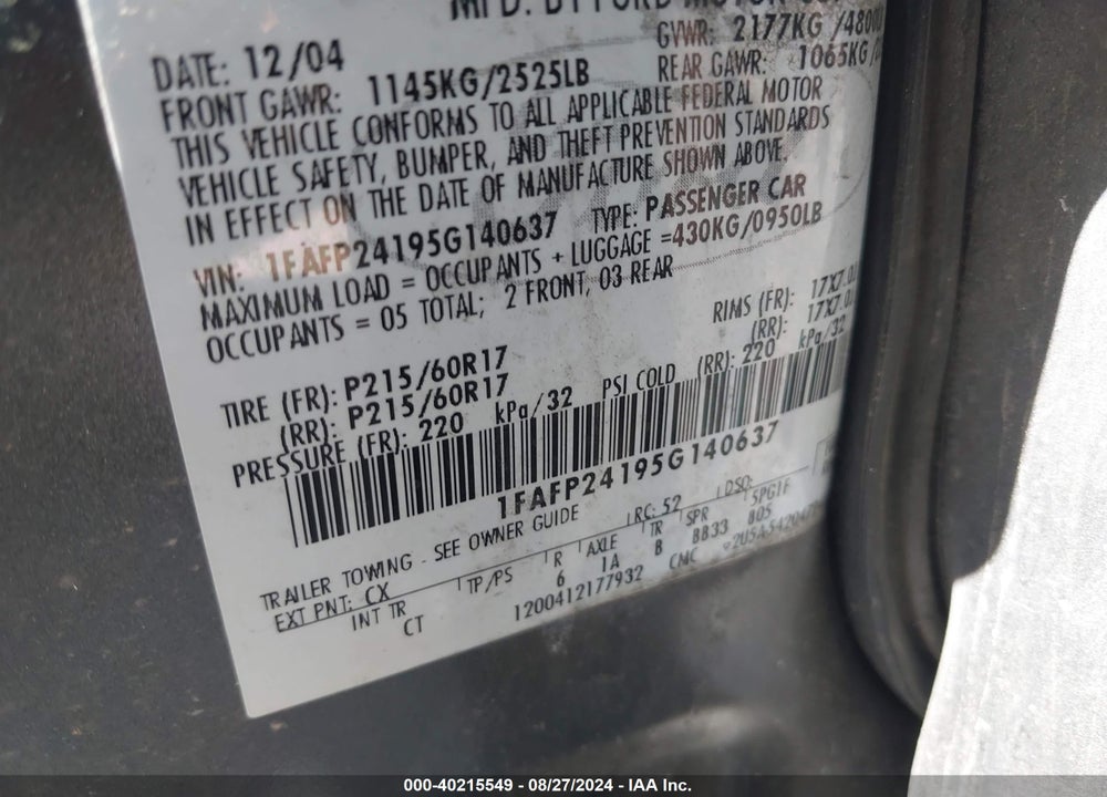 2005 FORD FIVE HUNDRED SEL VIN: 1FAFP24195G140637