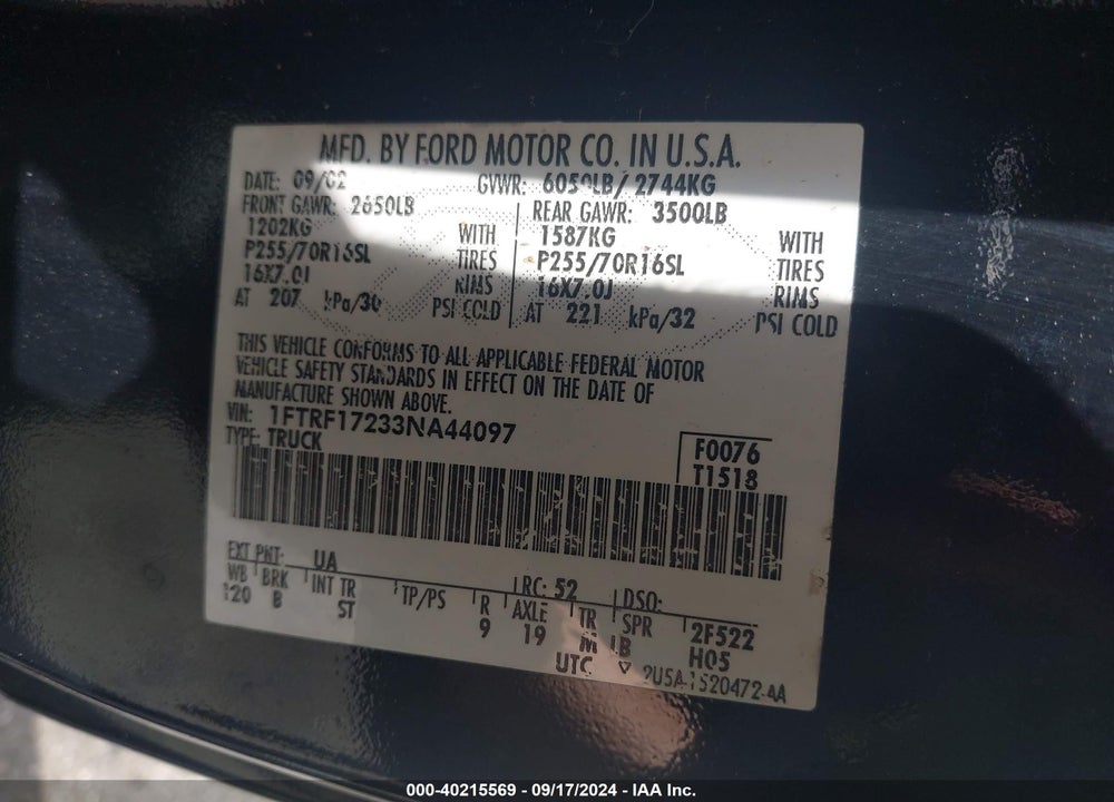 2003 FORD F-150 XL/XLT VIN: 1FTRF17233NA44097