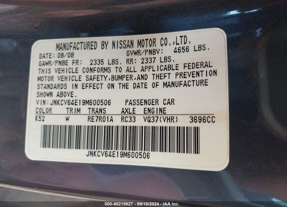 2009 INFINITI G37 VIN: JNKCV64E19M600506