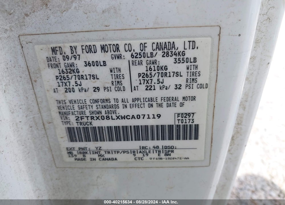 1998 FORD F-150 LARIAT/XL/XLT VIN: 2FTRX08LXWCA07119