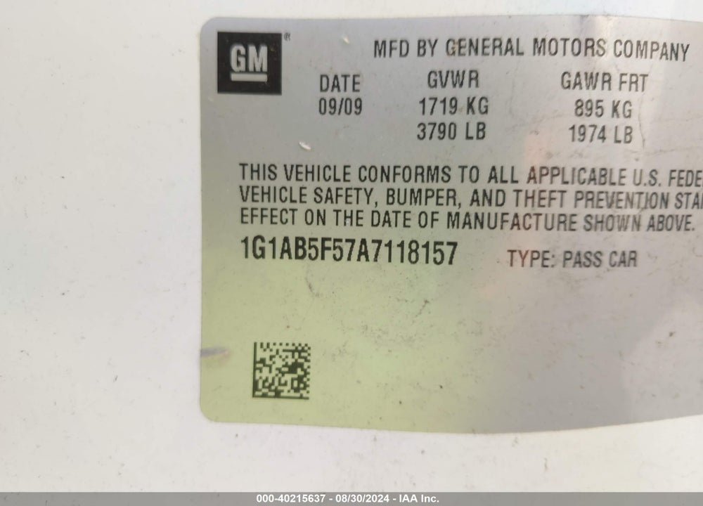 2010 CHEVROLET COBALT VIN: 1G1AB5F57A7118157