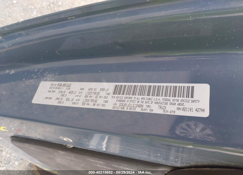 2020 RAM PROMASTER 3500 CARGO VAN HIGH ROOF 159 WB EXT VIN: 3C6URVJG1LE124894