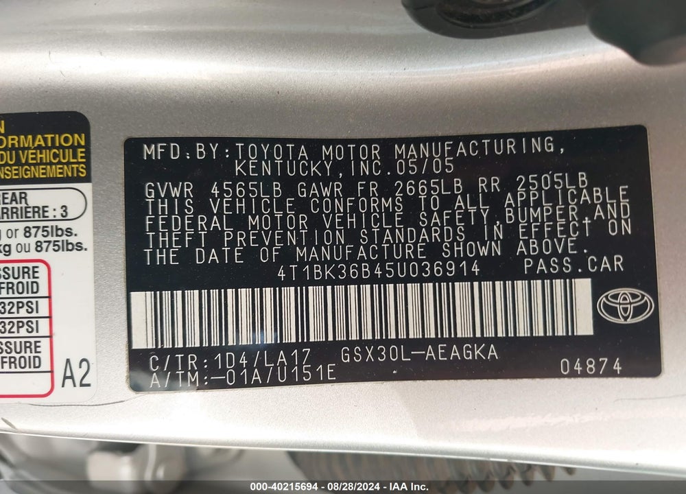 2005 TOYOTA AVALON XLS VIN: 4T1BK36B45U036914