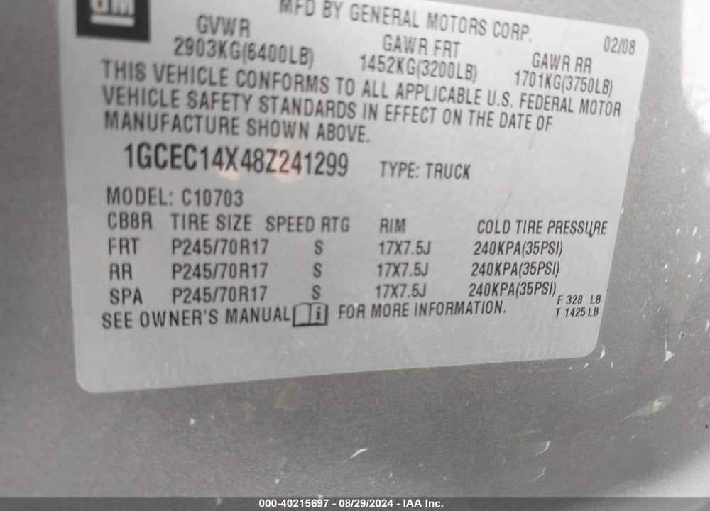 2008 CHEVROLET SILVERADO 1500 WORK TRUCK VIN: 1GCEC14X48Z241299