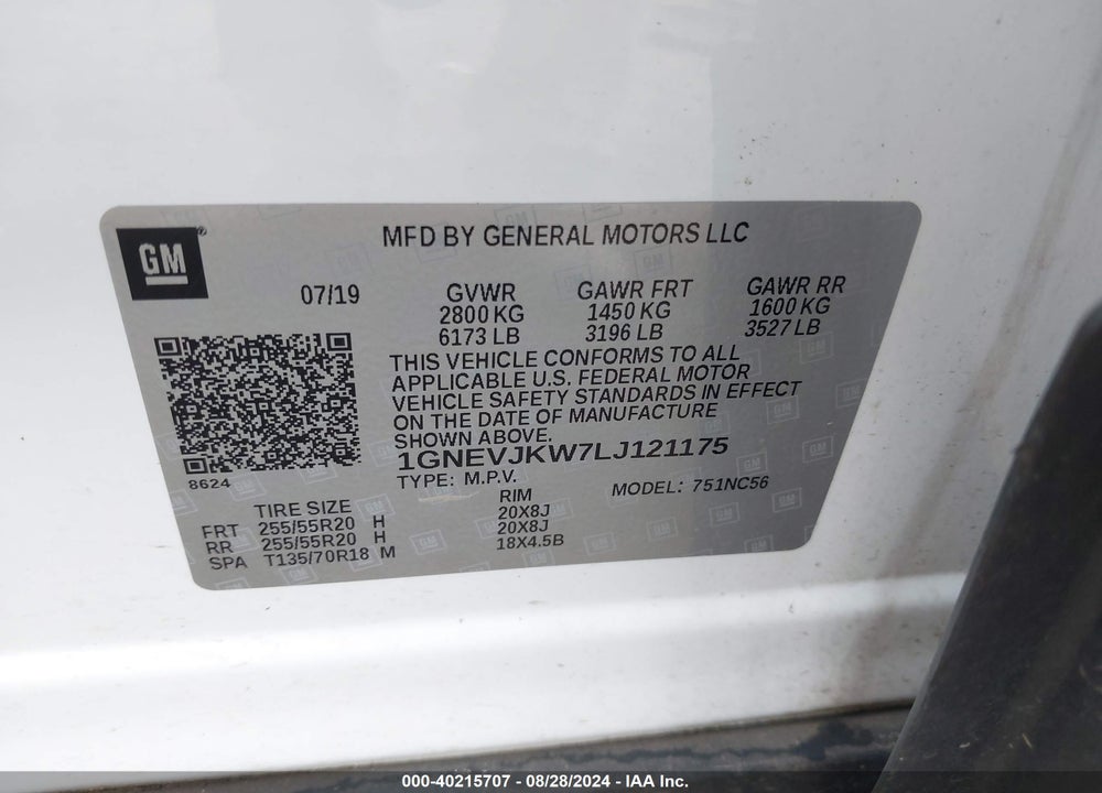 2020 CHEVROLET TRAVERSE AWD RS VIN: 1GNEVJKW7LJ121175