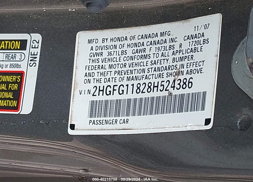 2008 HONDA CIVIC EX VIN: 2HGFG11828H524386