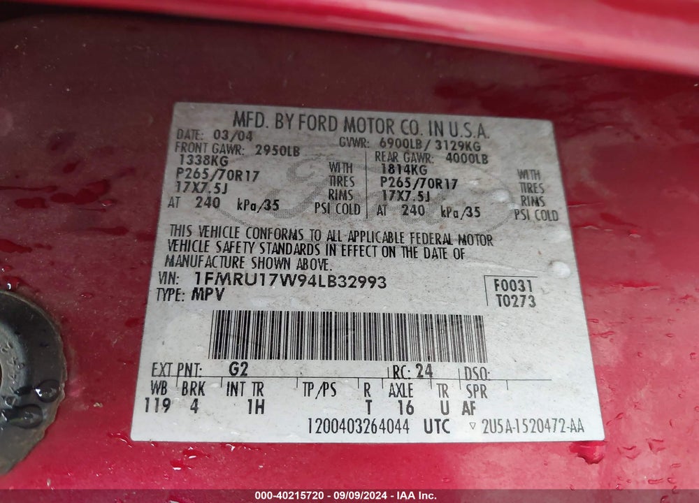 2004 FORD EXPEDITION EDDIE BAUER VIN: 1FMRU17W94LB32993