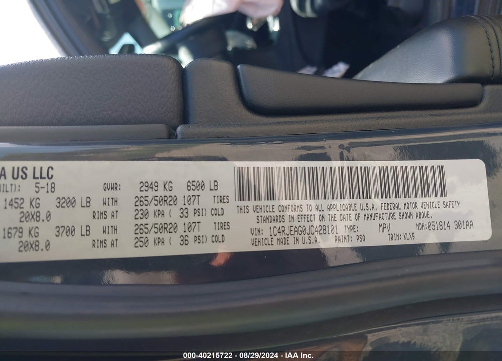 2018 JEEP GRAND CHEROKEE ALTITUDE 4X2 VIN: 1C4RJEAG0JC428101