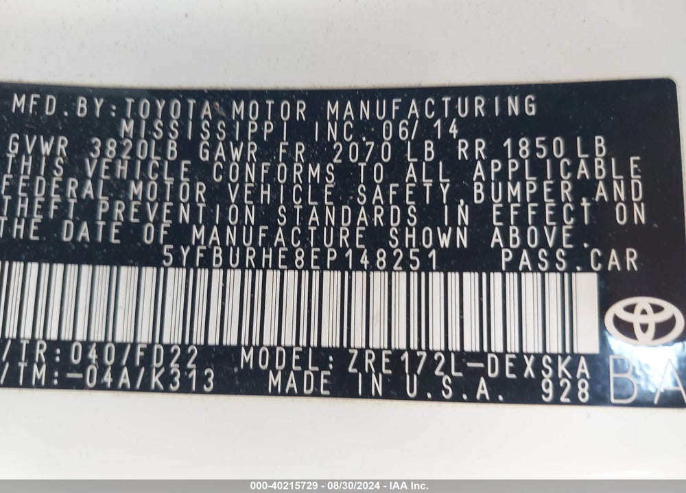 2014 TOYOTA COROLLA S PLUS VIN: 5YFBURHE8EP148251