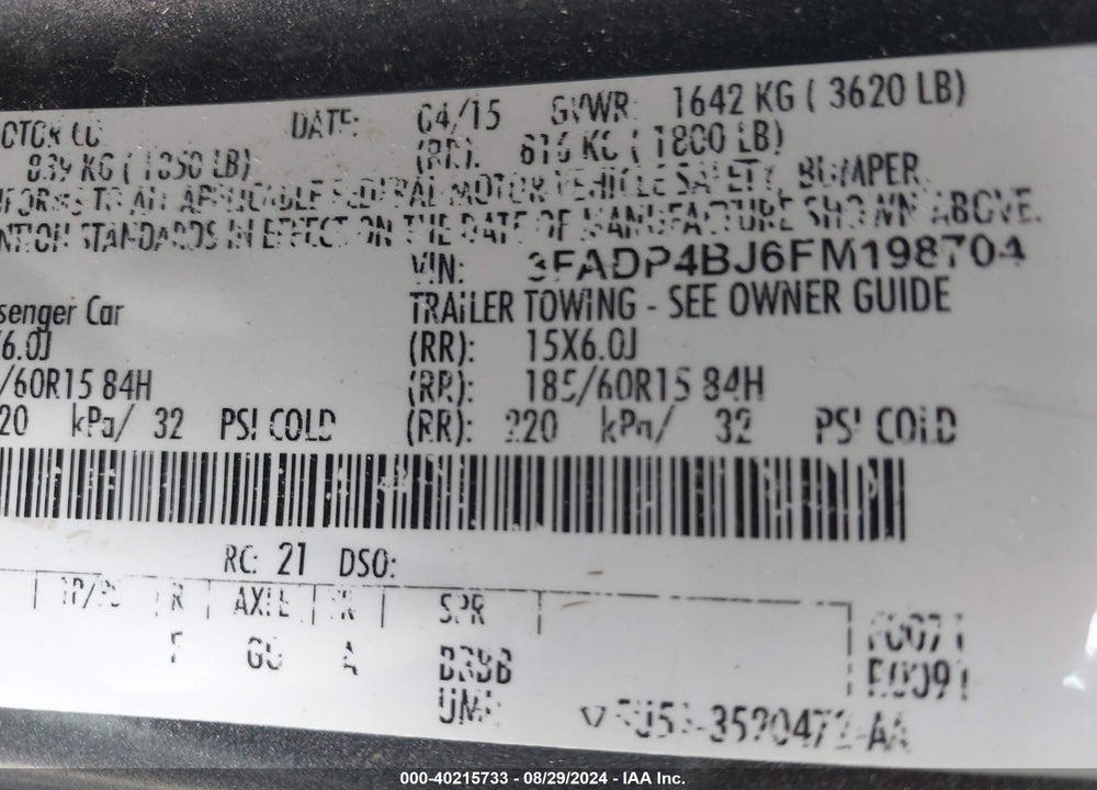 2015 FORD FIESTA VIN: 3FADP4BJ6FM198704