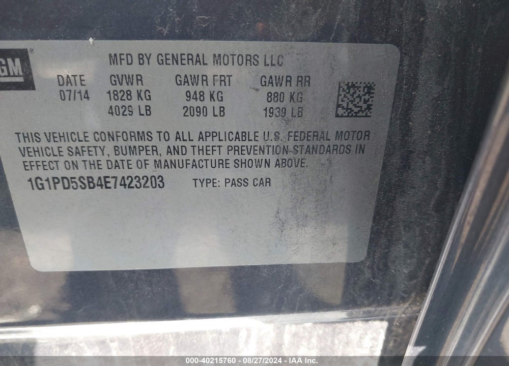 2014 CHEVROLET CRUZE 1LT MANUAL VIN: 1G1PD5SB4E7423203