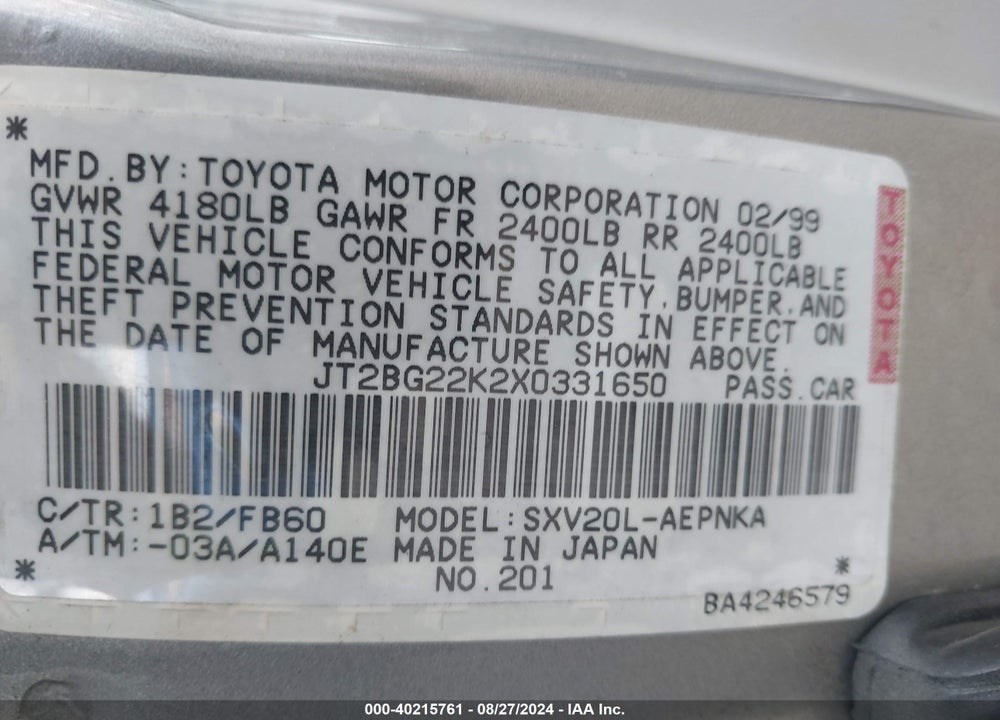 1999 TOYOTA CAMRY LE VIN: JT2BG22K2X0331650