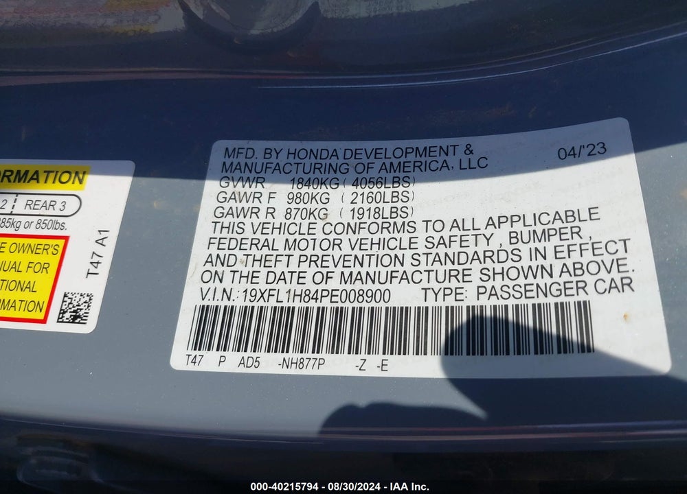 2023 HONDA CIVIC SPORT TOURING VIN: 19XFL1H84PE008900