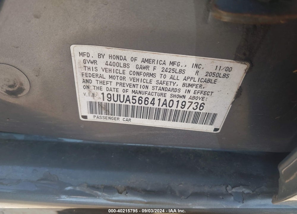 2001 ACURA TL 3.2 VIN: 19UUA56641A019736