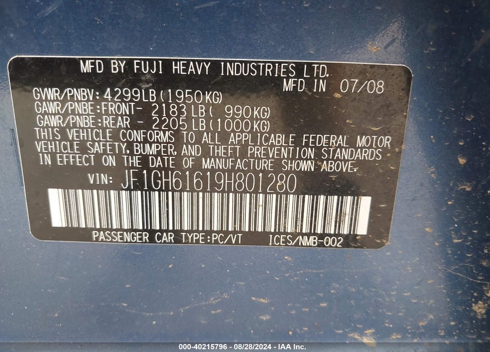 2009 SUBARU IMPREZA 2.5I VIN: JF1GH61619H801280