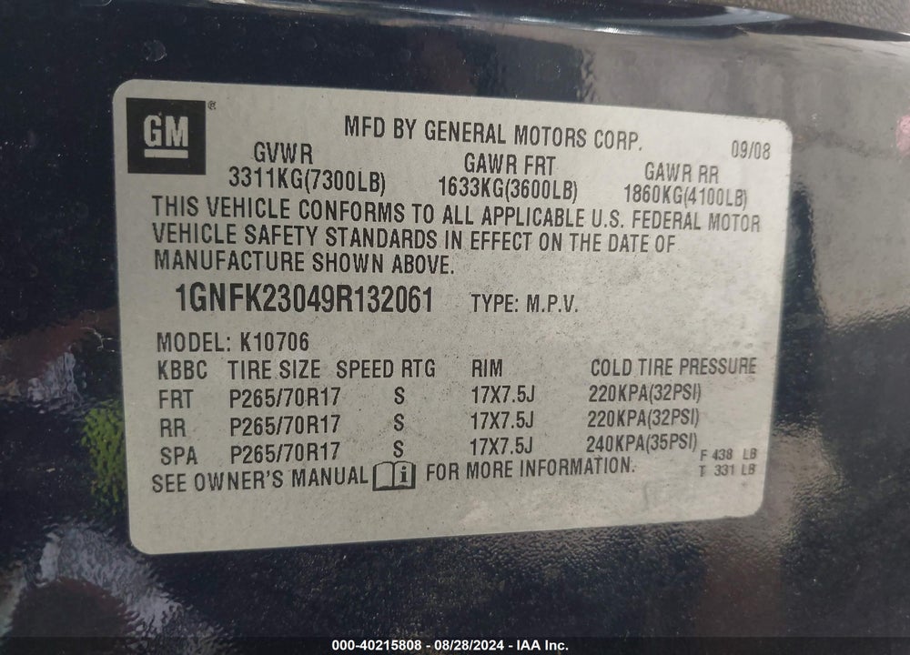 2009 CHEVROLET TAHOE LT1 VIN: 1GNFK23049R132061