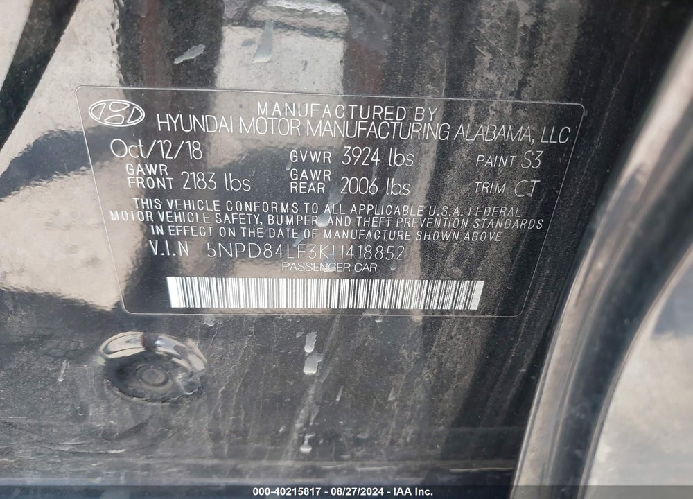2019 HYUNDAI ELANTRA VALUE EDITION VIN: 5NPD84LF3KH418852