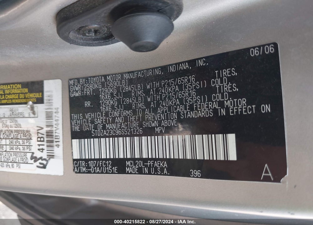 2006 TOYOTA SIENNA LE VIN: 5TDZA23C96S521326