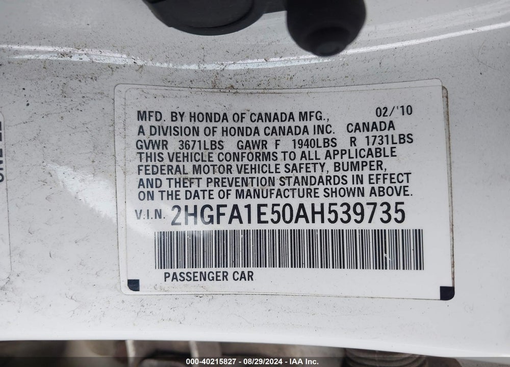 2010 HONDA CIVIC LX VIN: 2HGFA1E50AH539735