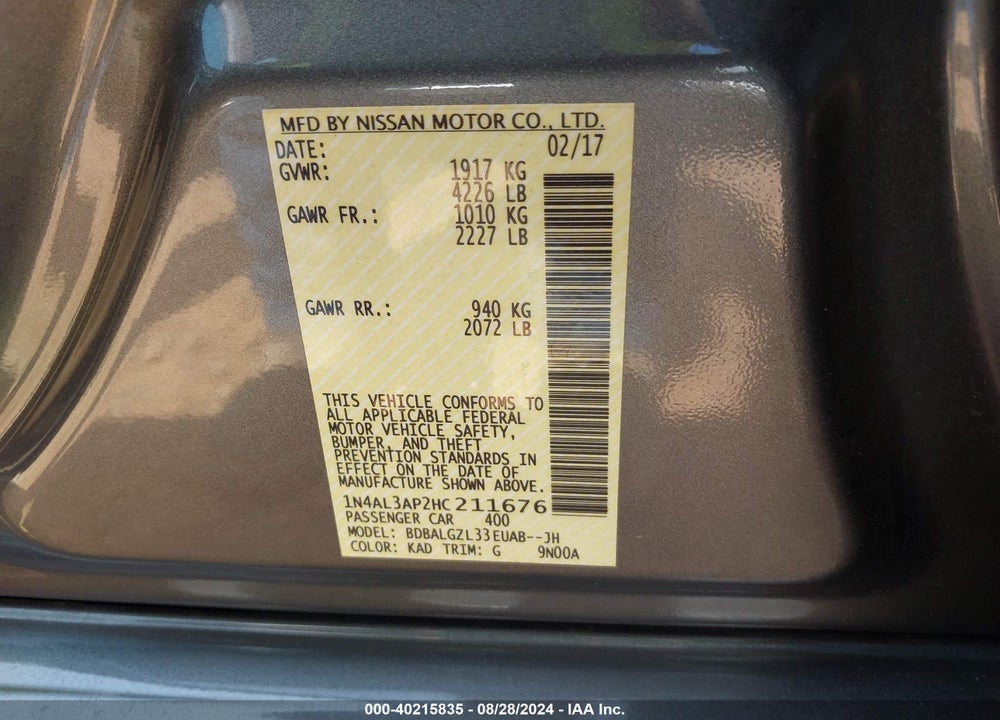 2017 NISSAN ALTIMA 2.5 S VIN: 1N4AL3AP2HC211676