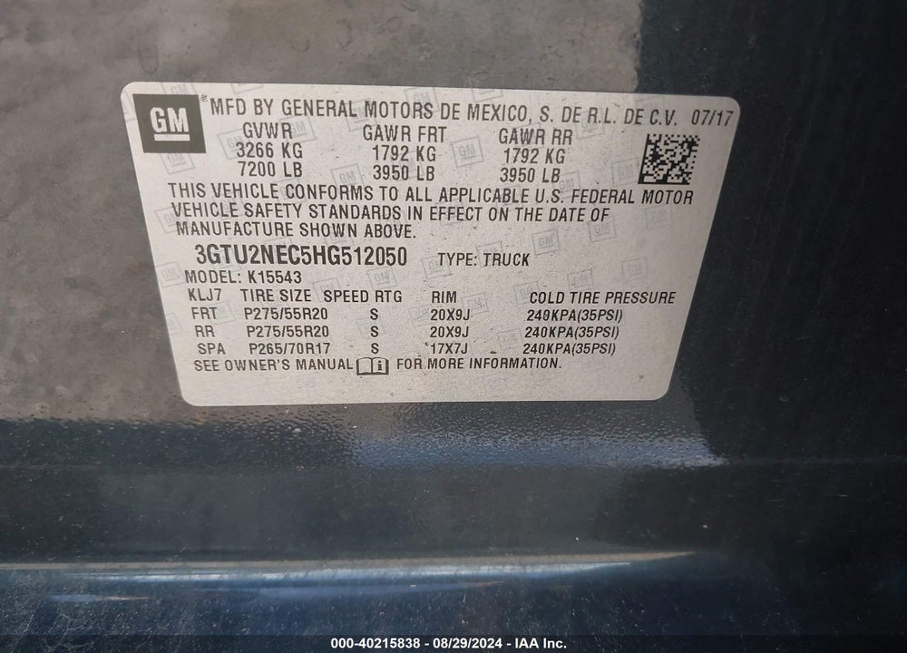2017 GMC SIERRA 1500 SLT VIN: 3GTU2NEC5HG512050