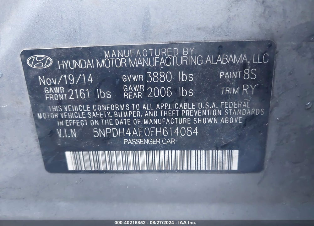 2015 HYUNDAI ELANTRA SE VIN: 5NPDH4AE0FH614084