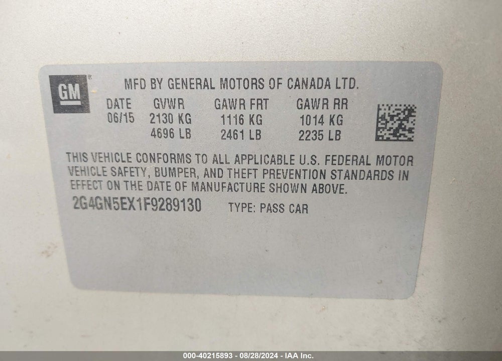 2015 BUICK REGAL TURBO/E-ASSIST PREMIUM I VIN: 2G4GN5EX1F9289130