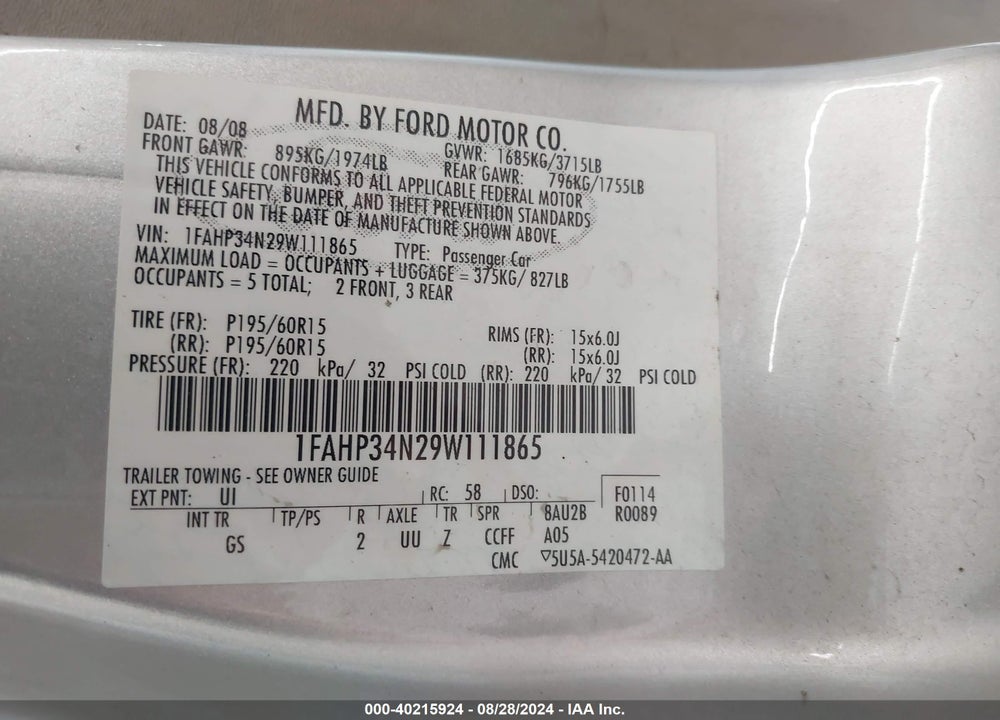 2009 FORD FOCUS S VIN: 1FAHP34N29W111865