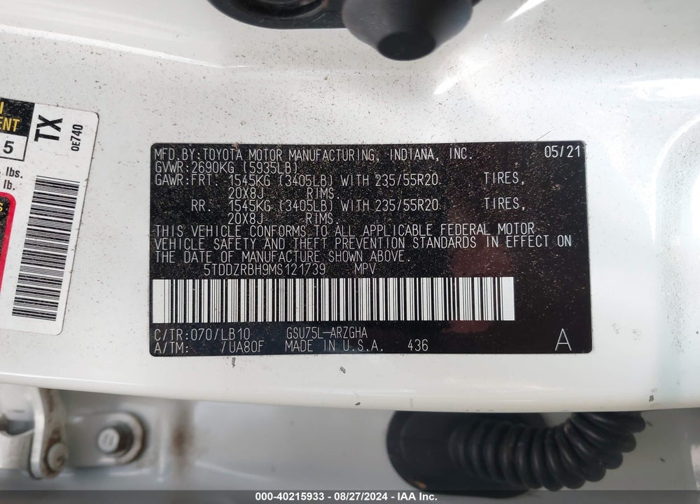 2021 TOYOTA HIGHLANDER LIMITED VIN: 5TDDZRBH9MS121739
