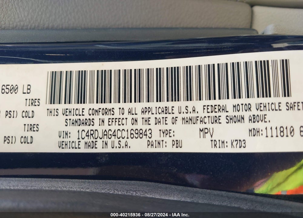 2012 DODGE DURANGO SXT VIN: 1C4RDJAG4CC169843