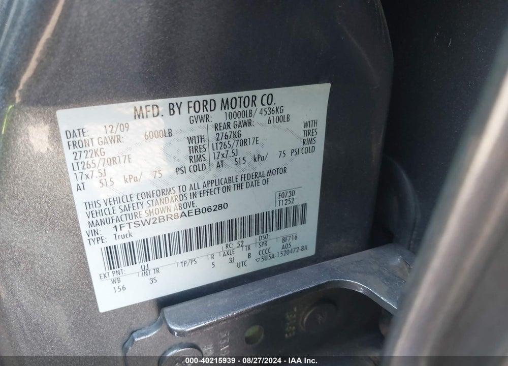 2010 FORD F-250 CABELA'S/HARLEY-DAVIDSON/KING RANCH/LARIAT/XL/XLT VIN: 1FTSW2BR8AEB06280