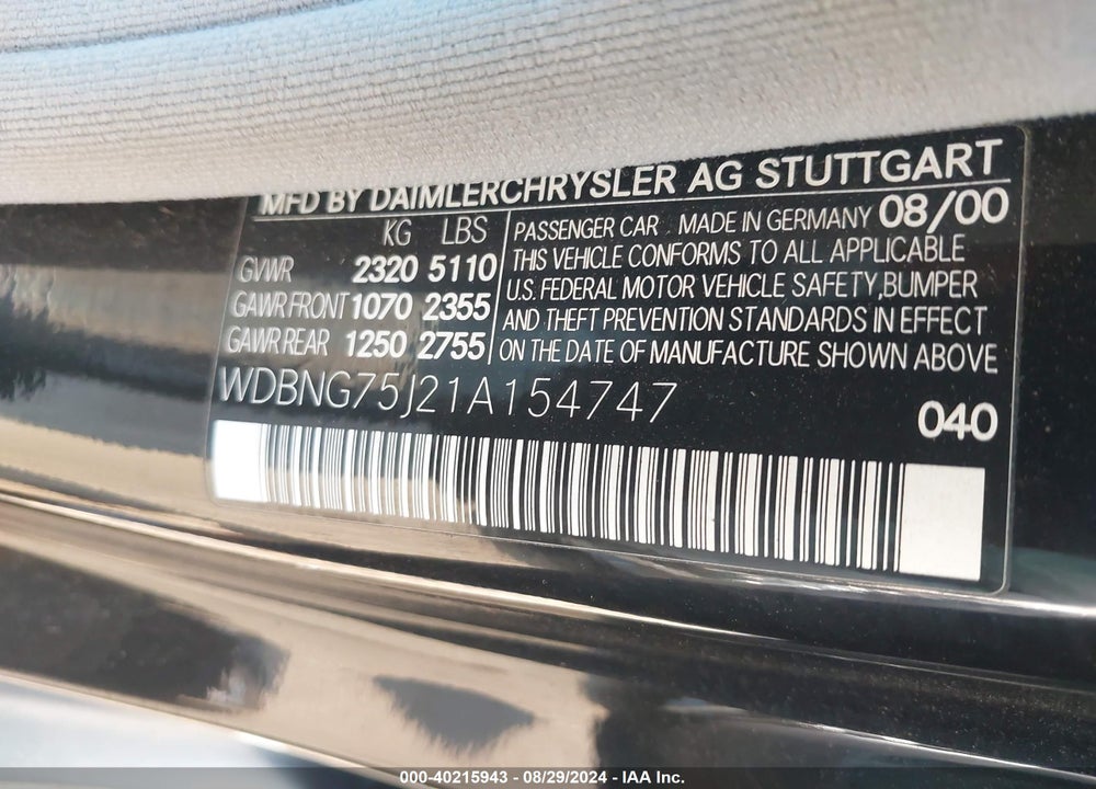2001 MERCEDES-BENZ S 500 VIN: WDBNG75J21A154747