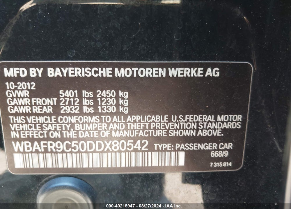 2013 BMW 550I VIN: WBAFR9C50DDX80542