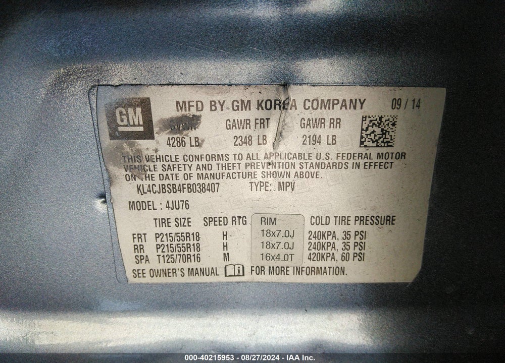 2015 BUICK ENCORE CONVENIENCE VIN: KL4CJBSB4FB038407