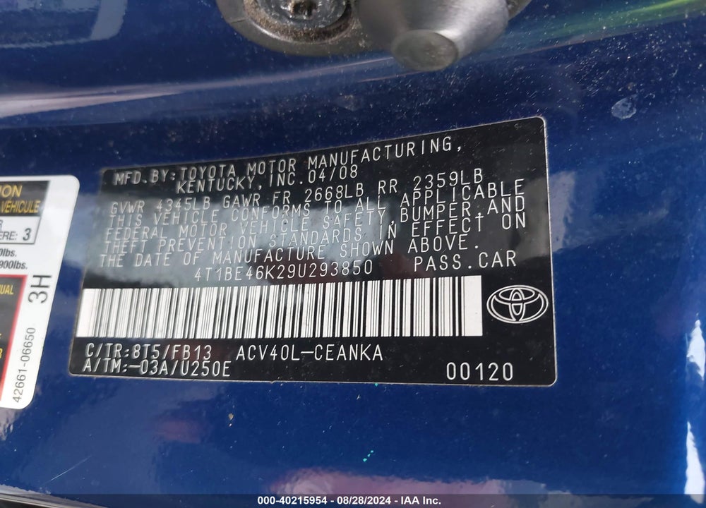 2009 TOYOTA CAMRY VIN: 4T1BE46K29U293850