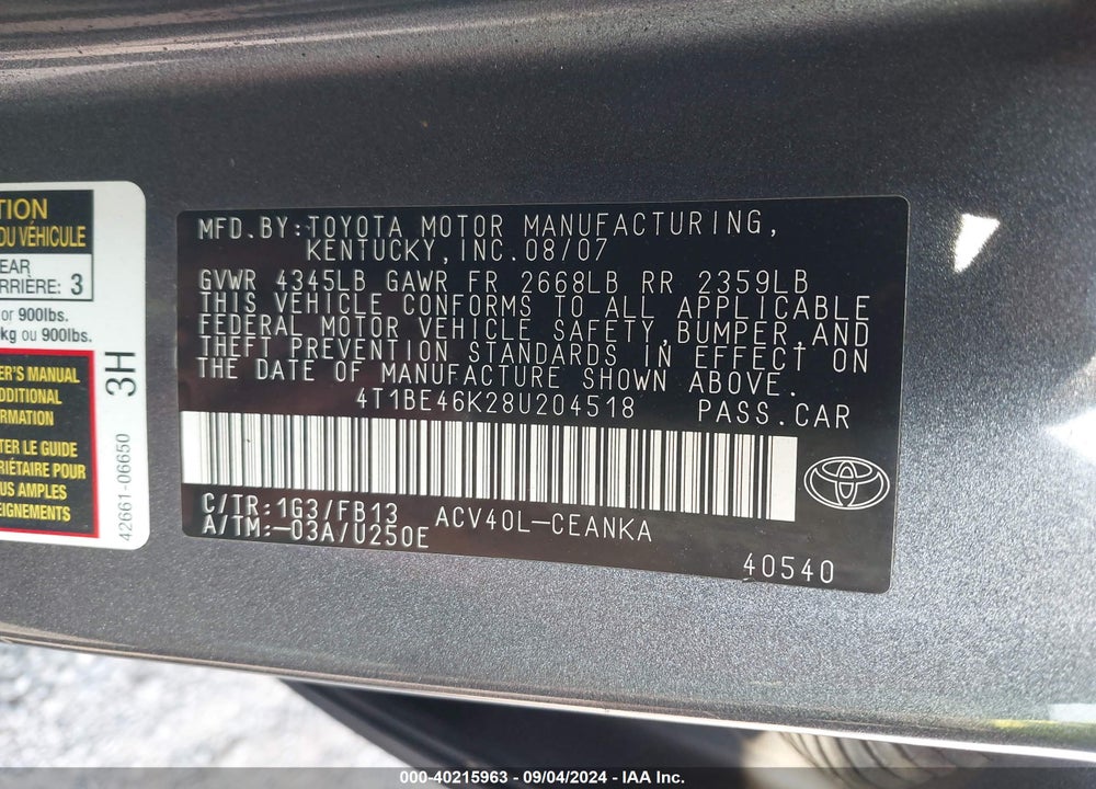 2008 TOYOTA CAMRY LE VIN: 4T1BE46K28U204518