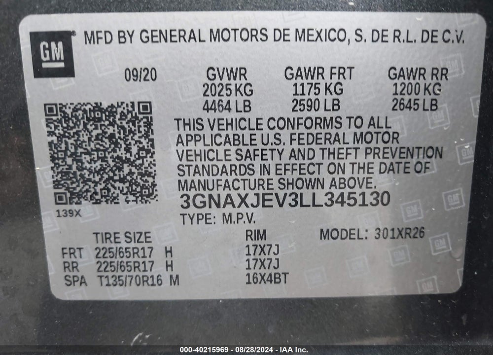 2020 CHEVROLET EQUINOX FWD 2FL VIN: 3GNAXJEV3LL345130
