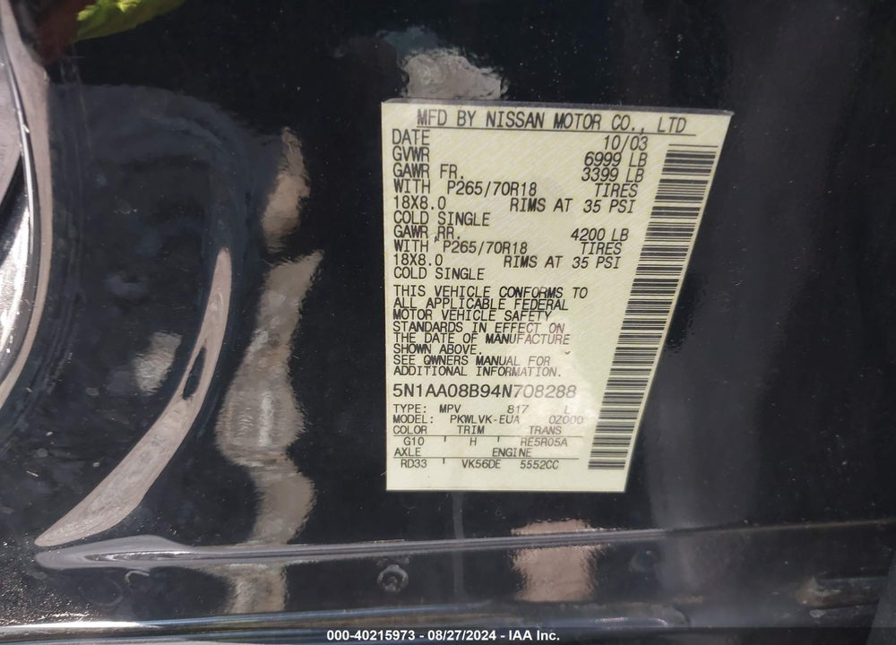2004 NISSAN PATHFINDER ARMADA LE VIN: 5N1AA08B94N708288