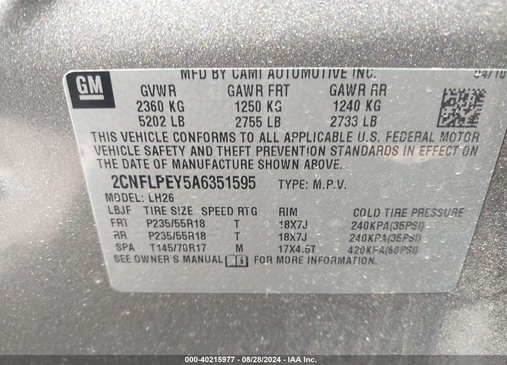 2010 CHEVROLET EQUINOX LT VIN: 2CNFLPEY5A6351595