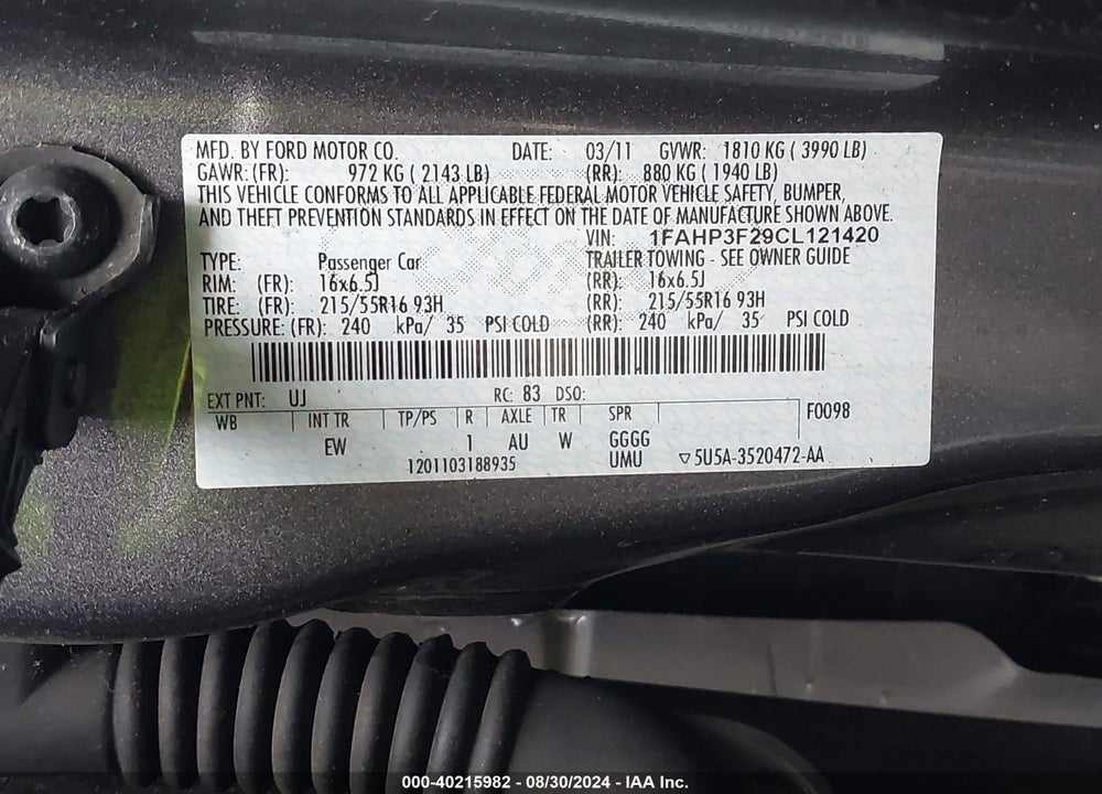 2012 FORD FOCUS SE VIN: 1FAHP3F29CL121420