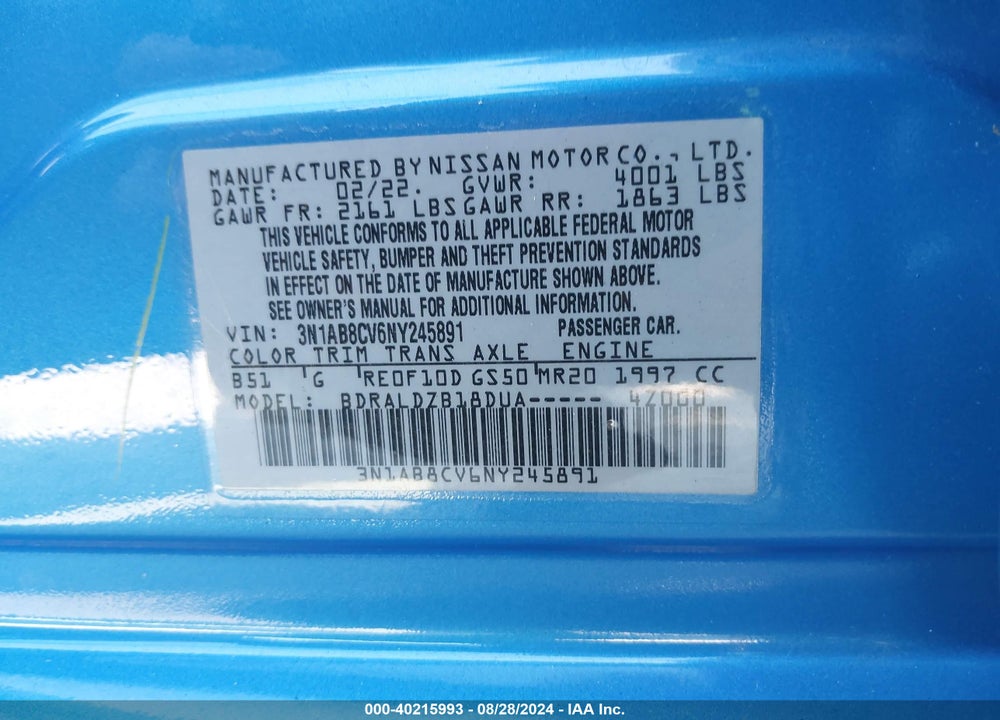 2022 NISSAN SENTRA SV XTRONIC CVT VIN: 3N1AB8CV6NY245891