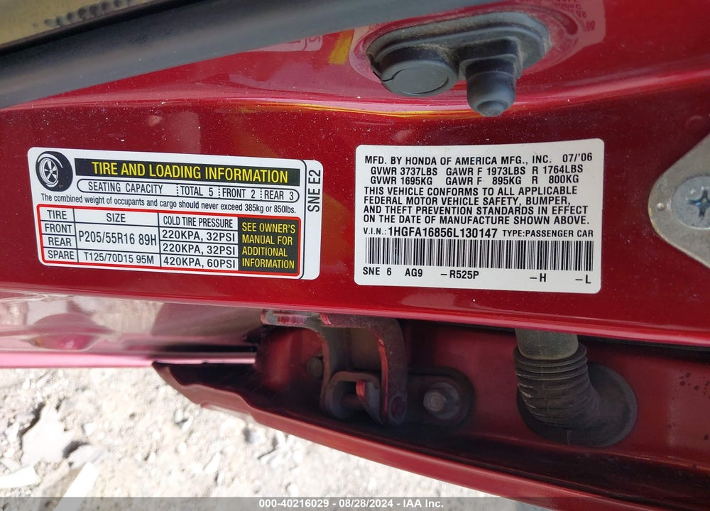2006 HONDA CIVIC EX VIN: 1HGFA16856L130147