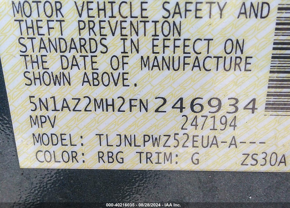 2015 NISSAN MURANO PLATINUM/S/SL/SV VIN: 5N1AZ2MH2FN246934