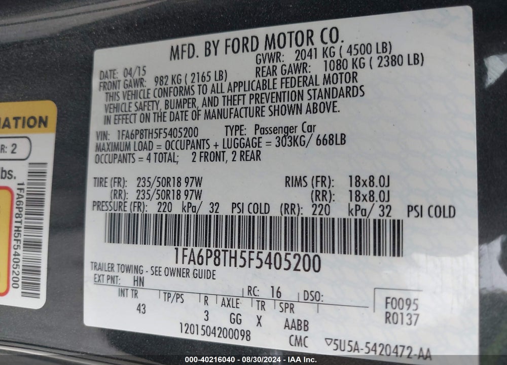 2015 FORD MUSTANG ECOBOOST VIN: 1FA6P8TH5F5405200