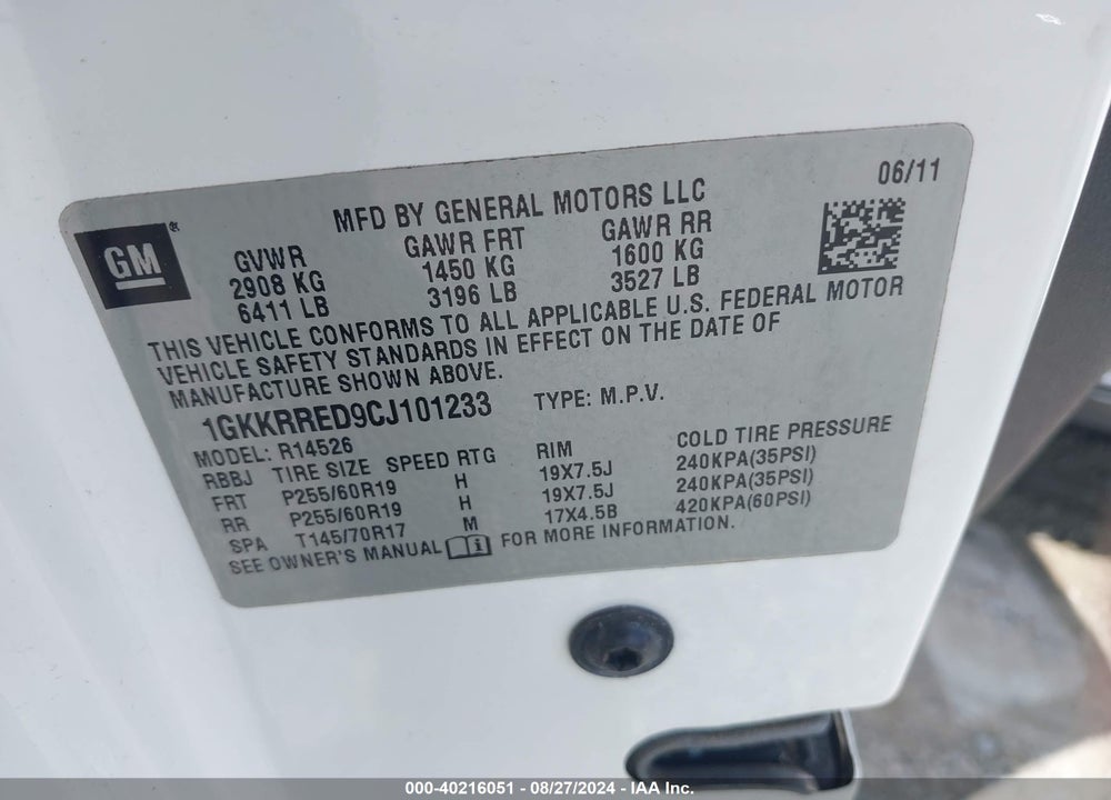2012 GMC ACADIA SLT-1 VIN: 1GKKRRED9CJ101233